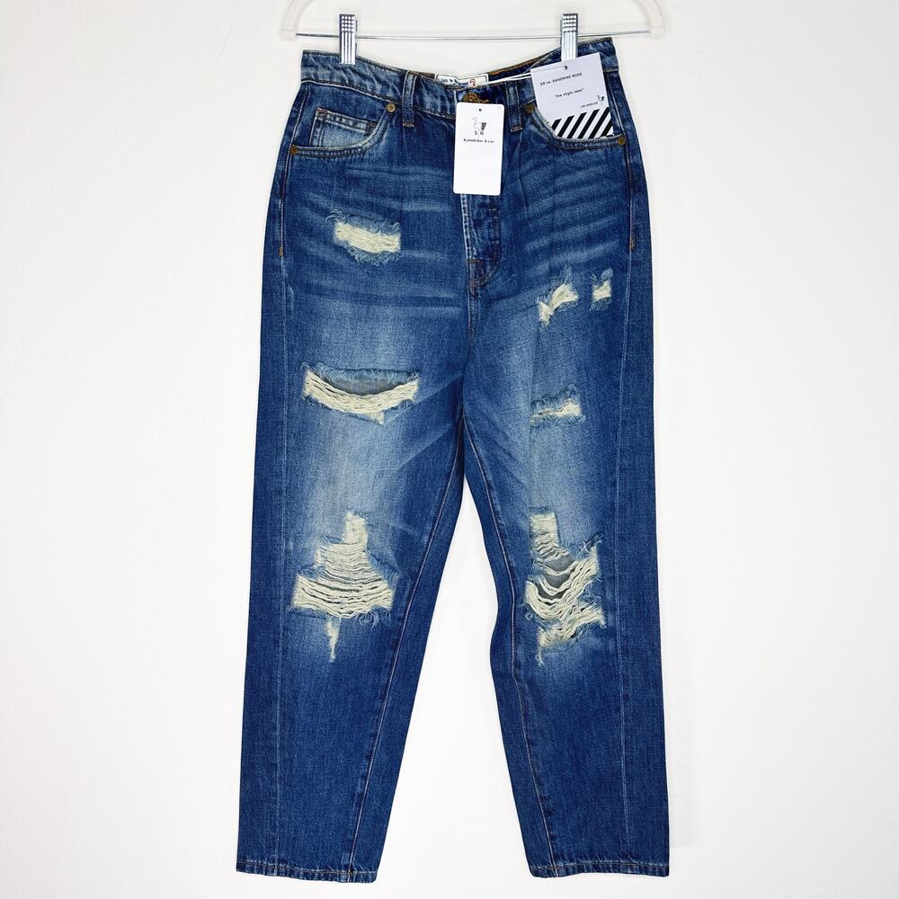 Free People Sandrine Rose R1016 Pleated Ripped Dark Wash Straight Leg Jeans 26